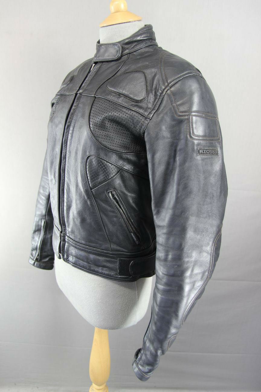 RIOSSI BLACK COWHIDE LEATHER BIKER JACKET + PROTECTORS & THERMAL LINING: SIZE 14