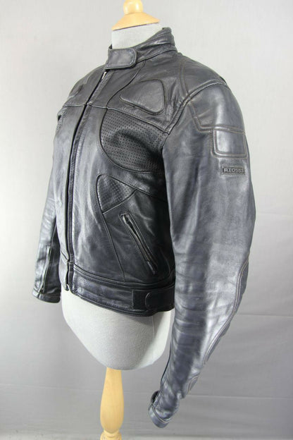 RIOSSI BLACK COWHIDE LEATHER BIKER JACKET + PROTECTORS & THERMAL LINING: SIZE 14