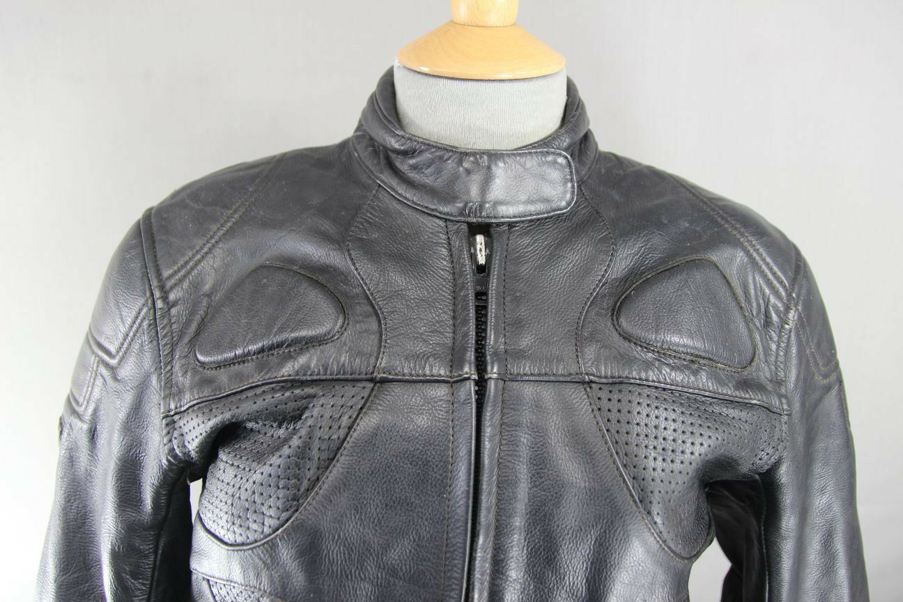 RIOSSI BLACK COWHIDE LEATHER BIKER JACKET + PROTECTORS & THERMAL LINING: SIZE 14