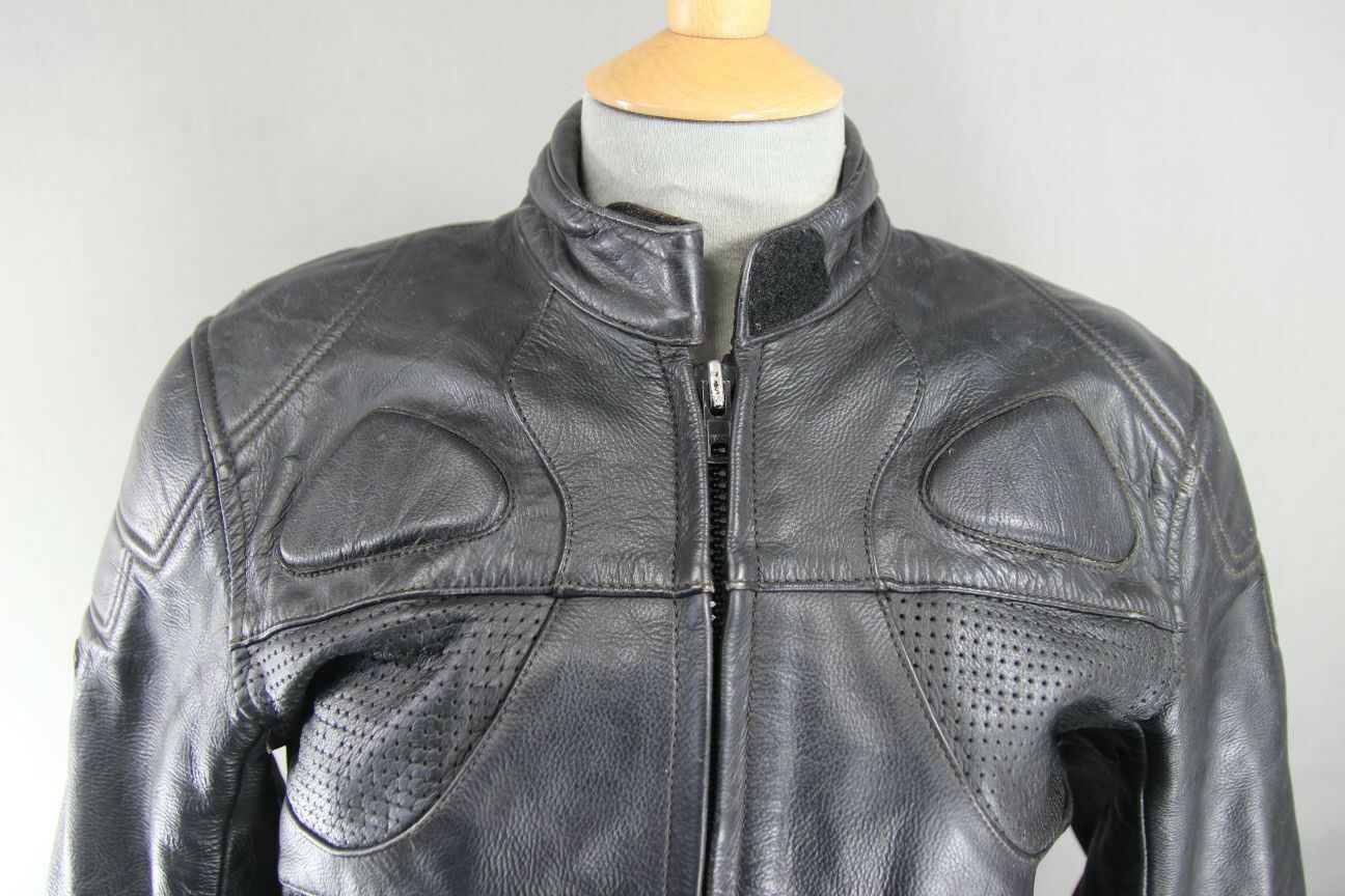 RIOSSI BLACK COWHIDE LEATHER BIKER JACKET + PROTECTORS & THERMAL LINING: SIZE 14