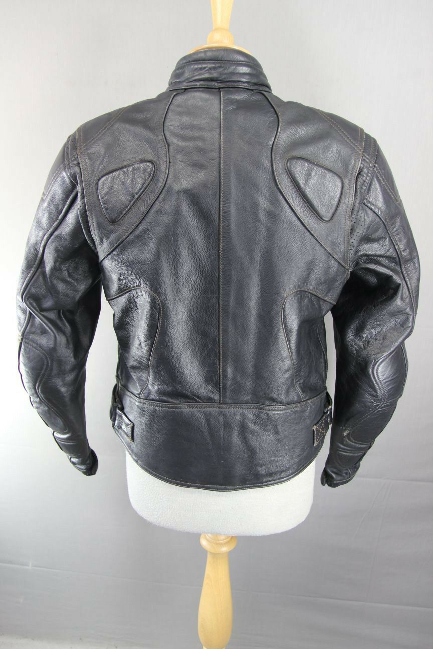 RIOSSI BLACK COWHIDE LEATHER BIKER JACKET + PROTECTORS & THERMAL LINING: SIZE 14