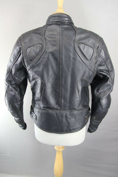 RIOSSI BLACK COWHIDE LEATHER BIKER JACKET + PROTECTORS & THERMAL LINING: SIZE 14