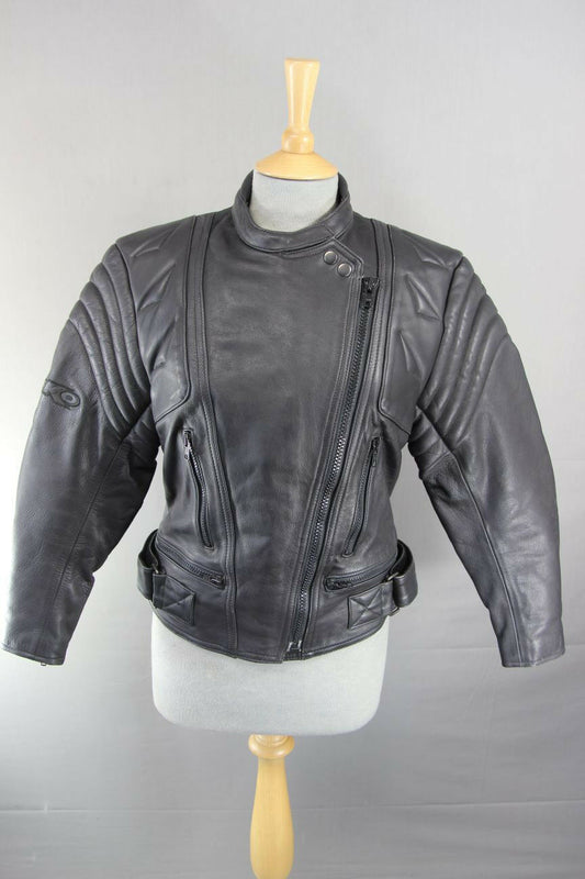 CLASSIC BLACK LEATHER BIKO BIKER JACKET: SIZE 12