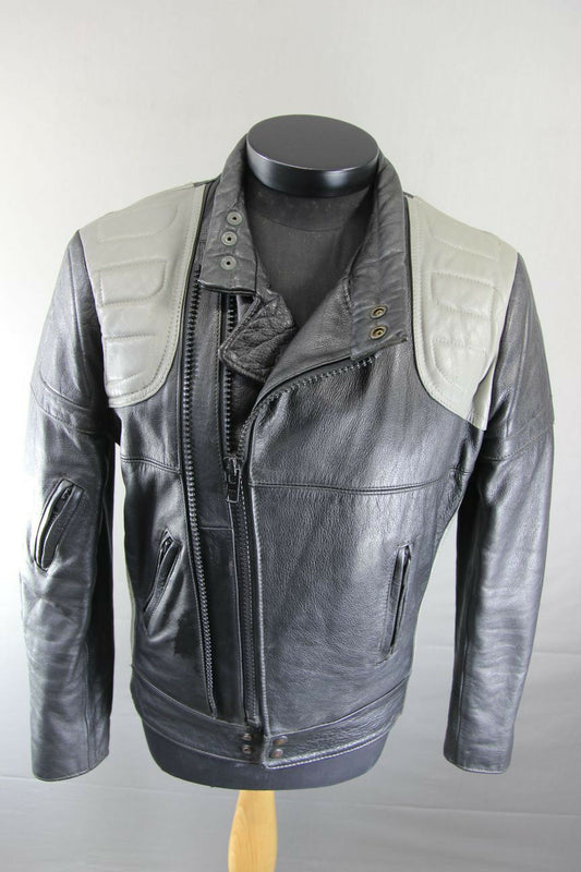 CLASSIC VINTAGE BLACK & GREY LEATHER BIKER JACKET 38 INCH