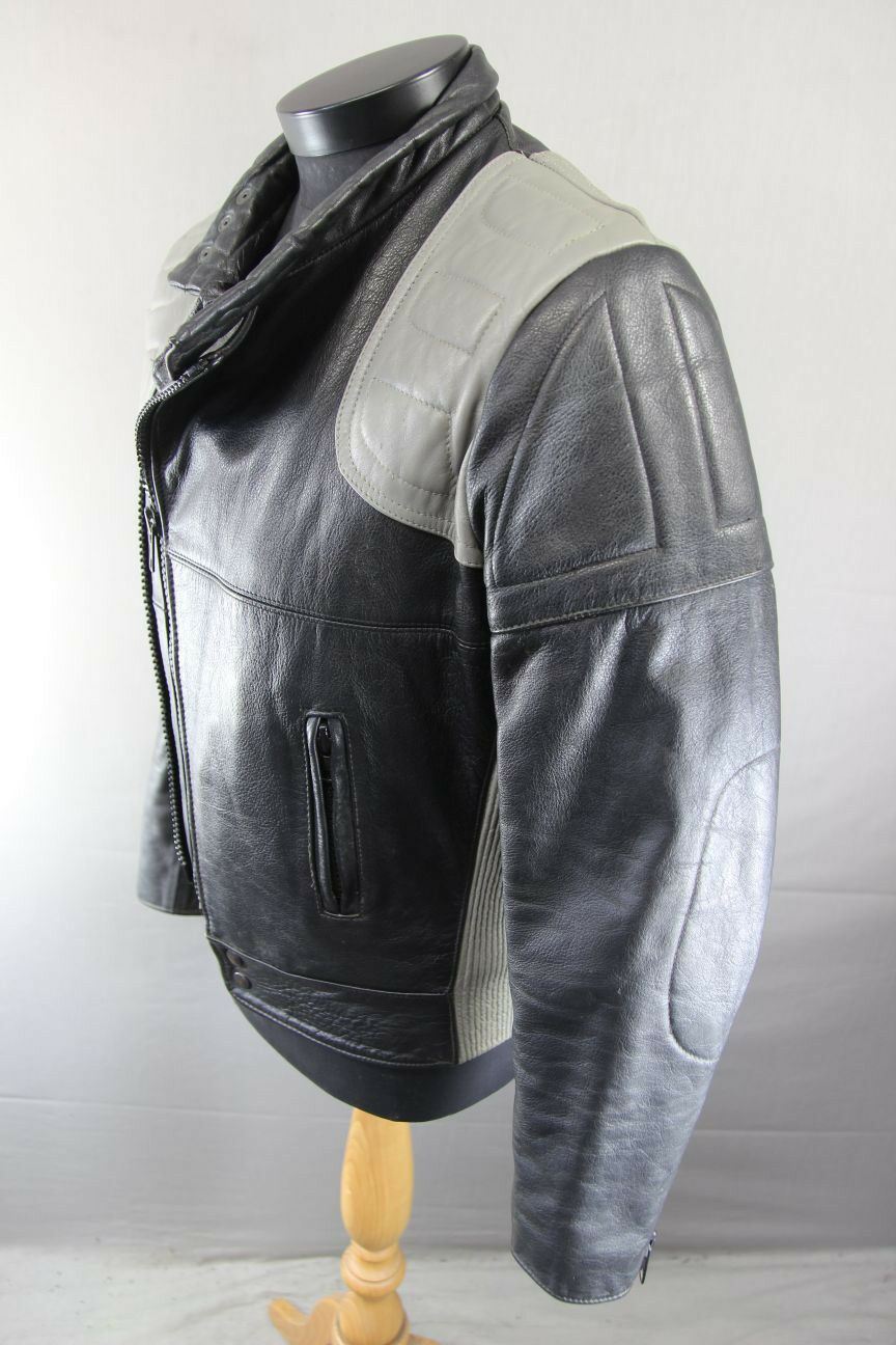 CLASSIC VINTAGE BLACK & GREY LEATHER BIKER JACKET 38 INCH