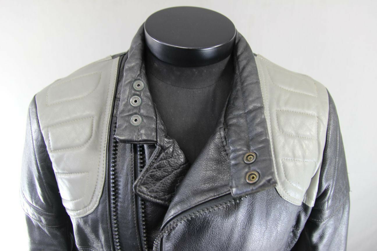 CLASSIC VINTAGE BLACK & GREY LEATHER BIKER JACKET 38 INCH
