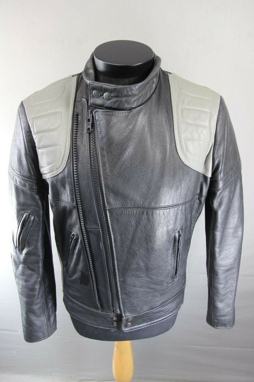 CLASSIC VINTAGE BLACK & GREY LEATHER BIKER JACKET 38 INCH
