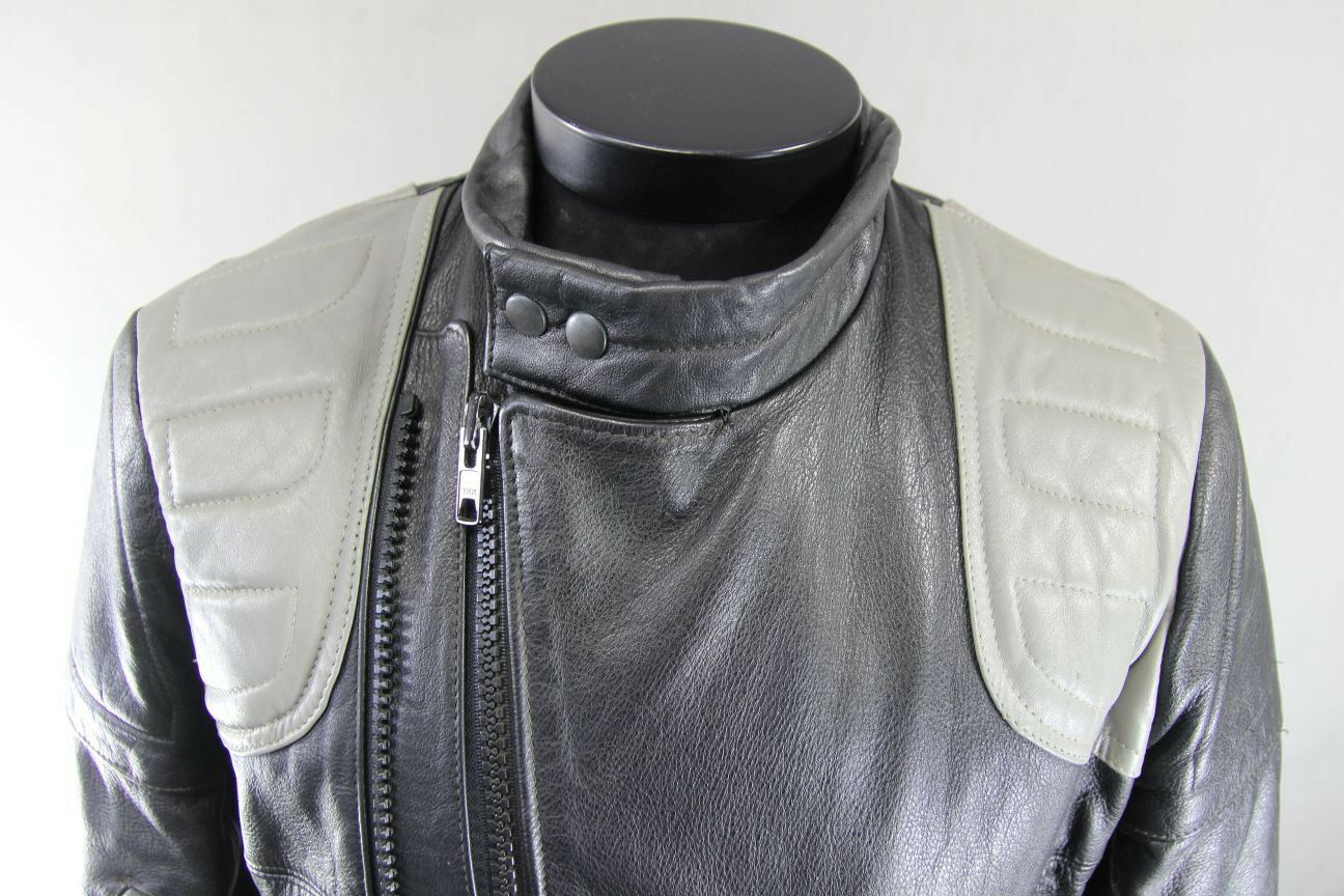 CLASSIC VINTAGE BLACK & GREY LEATHER BIKER JACKET 38 INCH