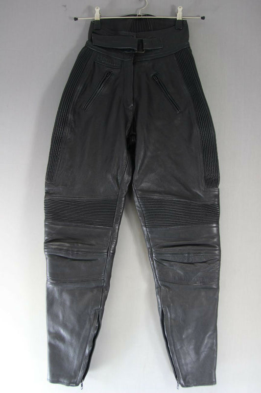 BELSTAFF BLACK LEATHER BIKER TROUSERS SIZE 10: WAIST 24 INCH/INSIDE LEG 30 INCH