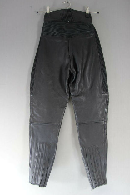 BELSTAFF BLACK LEATHER BIKER TROUSERS SIZE 10: WAIST 24 INCH/INSIDE LEG 30 INCH
