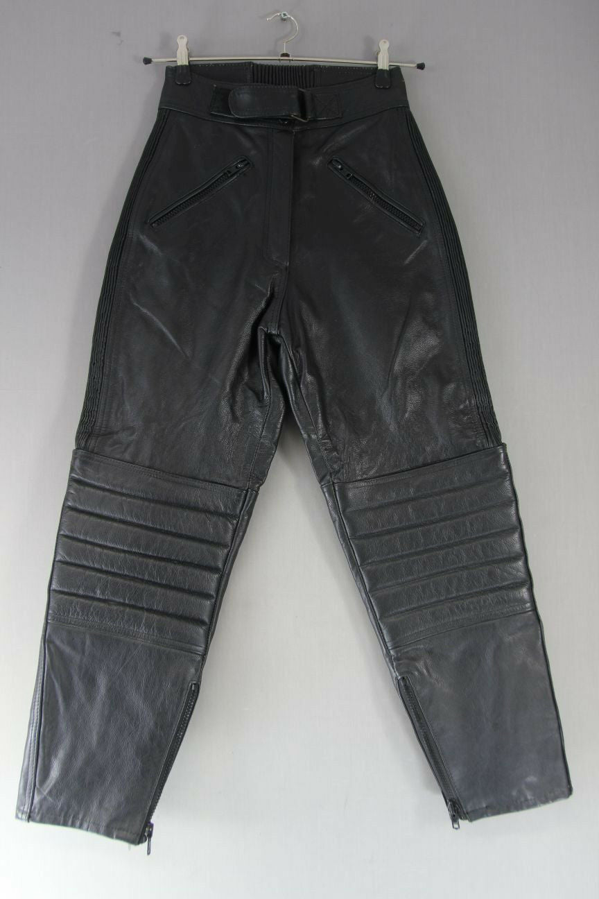 BLACK DYNAMIC LEATHERS COWHIDE BIKER TROUSERS SIZE14 (SHORT):WAIST 26/I. LEG 28"