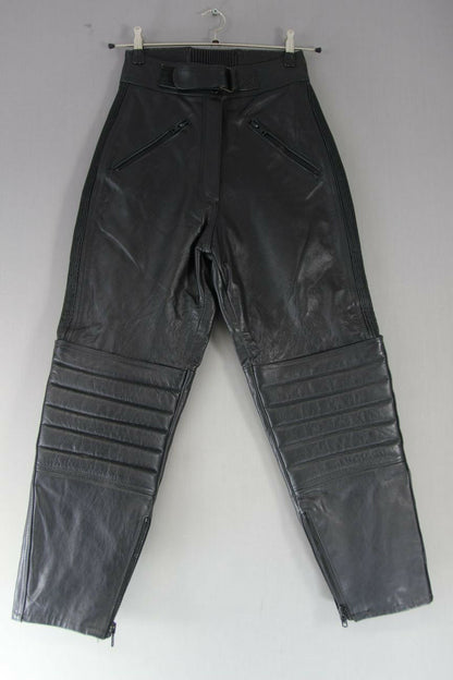 BLACK DYNAMIC LEATHERS COWHIDE BIKER TROUSERS SIZE14 (SHORT):WAIST 26/I. LEG 28"
