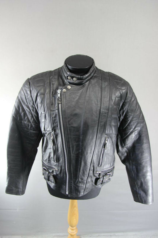 CLASSIC BLACK COWHIDE LEATHER AKASO BIKER JACKET 42 INCH