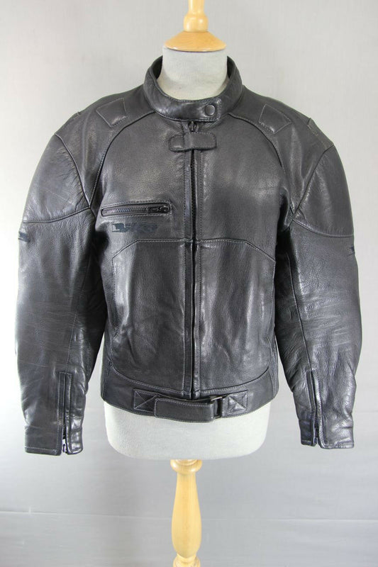 CLASSIC BIKO BLACK LEATHER BIKER JACKET WITH REMOVABLE CE ARMOUR: SIZE 10