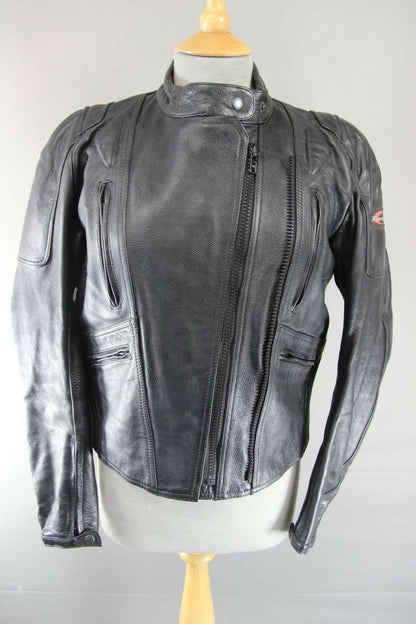 RIOSSI BLACK COWHIDE LEATHER BIKER JACKET WITH REMOVABLE BACK PROTECTOR: SIZE 16