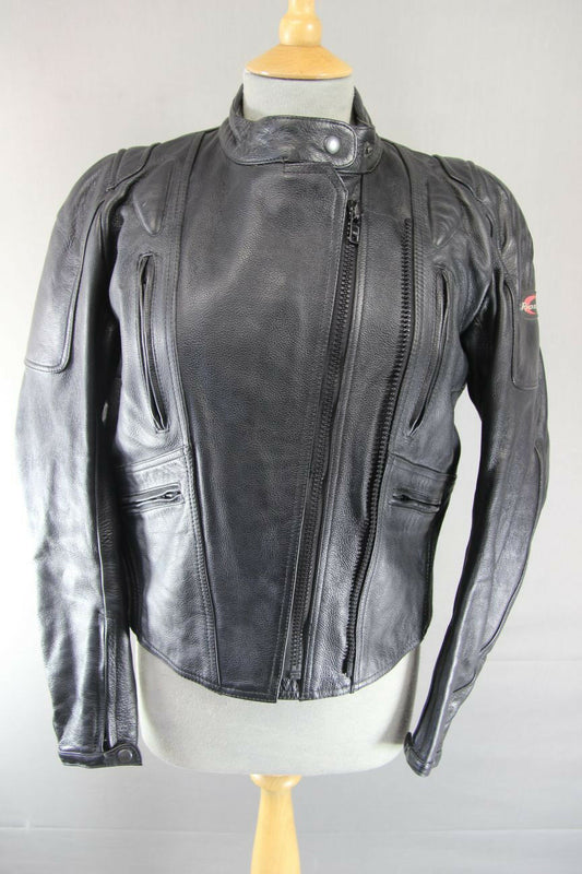 RIOSSI BLACK COWHIDE LEATHER BIKER JACKET WITH REMOVABLE BACK PROTECTOR: SIZE 16