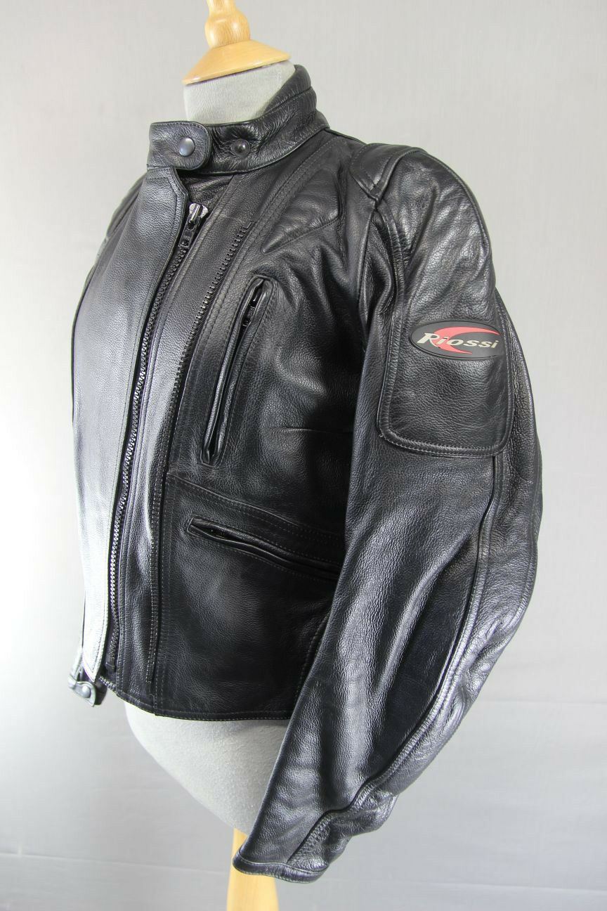 RIOSSI BLACK COWHIDE LEATHER BIKER JACKET WITH REMOVABLE BACK PROTECTOR: SIZE 16