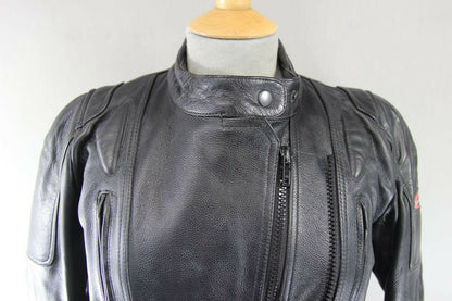 RIOSSI BLACK COWHIDE LEATHER BIKER JACKET WITH REMOVABLE BACK PROTECTOR: SIZE 16