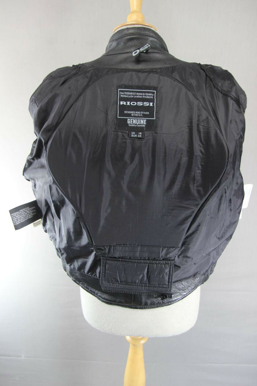 RIOSSI BLACK COWHIDE LEATHER BIKER JACKET WITH REMOVABLE BACK PROTECTOR: SIZE 16