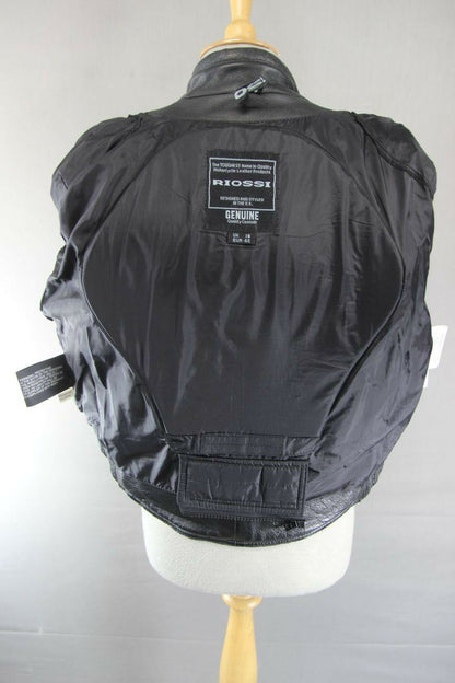 RIOSSI BLACK COWHIDE LEATHER BIKER JACKET WITH REMOVABLE BACK PROTECTOR: SIZE 16