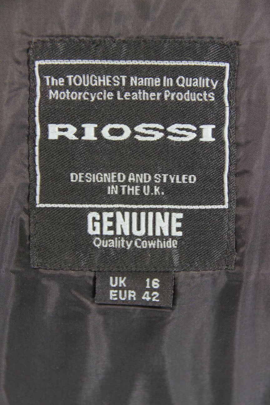 RIOSSI BLACK COWHIDE LEATHER BIKER JACKET WITH REMOVABLE BACK PROTECTOR: SIZE 16