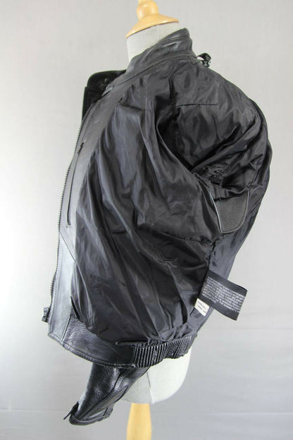 RIOSSI BLACK COWHIDE LEATHER BIKER JACKET WITH REMOVABLE BACK PROTECTOR: SIZE 16