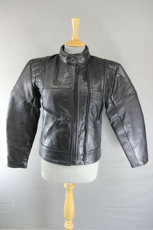 LION BLACK LEATHER BIKER JACKET WITH THINSULATE 3MM THERMAL LINING: SIZE 12