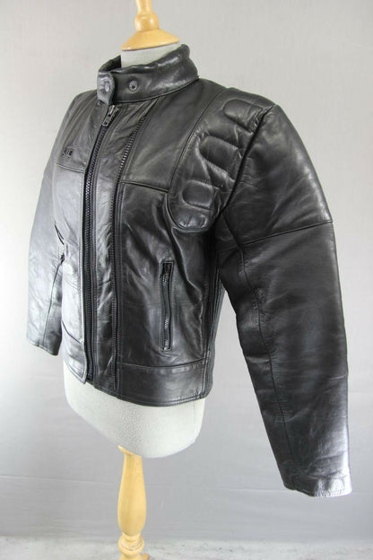 LION BLACK LEATHER BIKER JACKET WITH THINSULATE 3MM THERMAL LINING: SIZE 12
