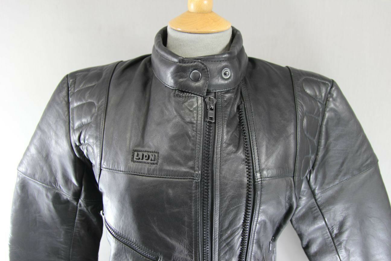 LION BLACK LEATHER BIKER JACKET WITH THINSULATE 3MM THERMAL LINING: SIZE 12