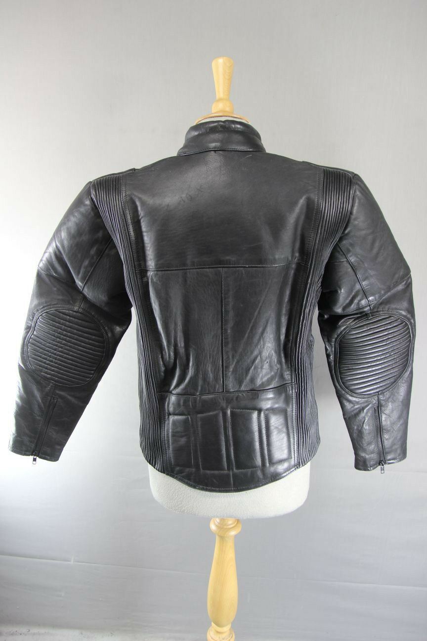 LION BLACK LEATHER BIKER JACKET WITH THINSULATE 3MM THERMAL LINING: SIZE 12