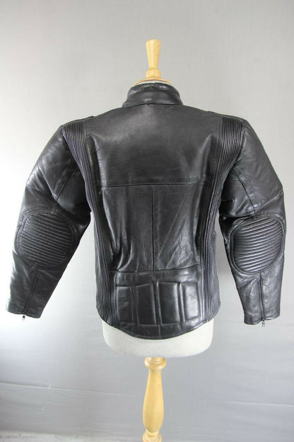 LION BLACK LEATHER BIKER JACKET WITH THINSULATE 3MM THERMAL LINING: SIZE 12