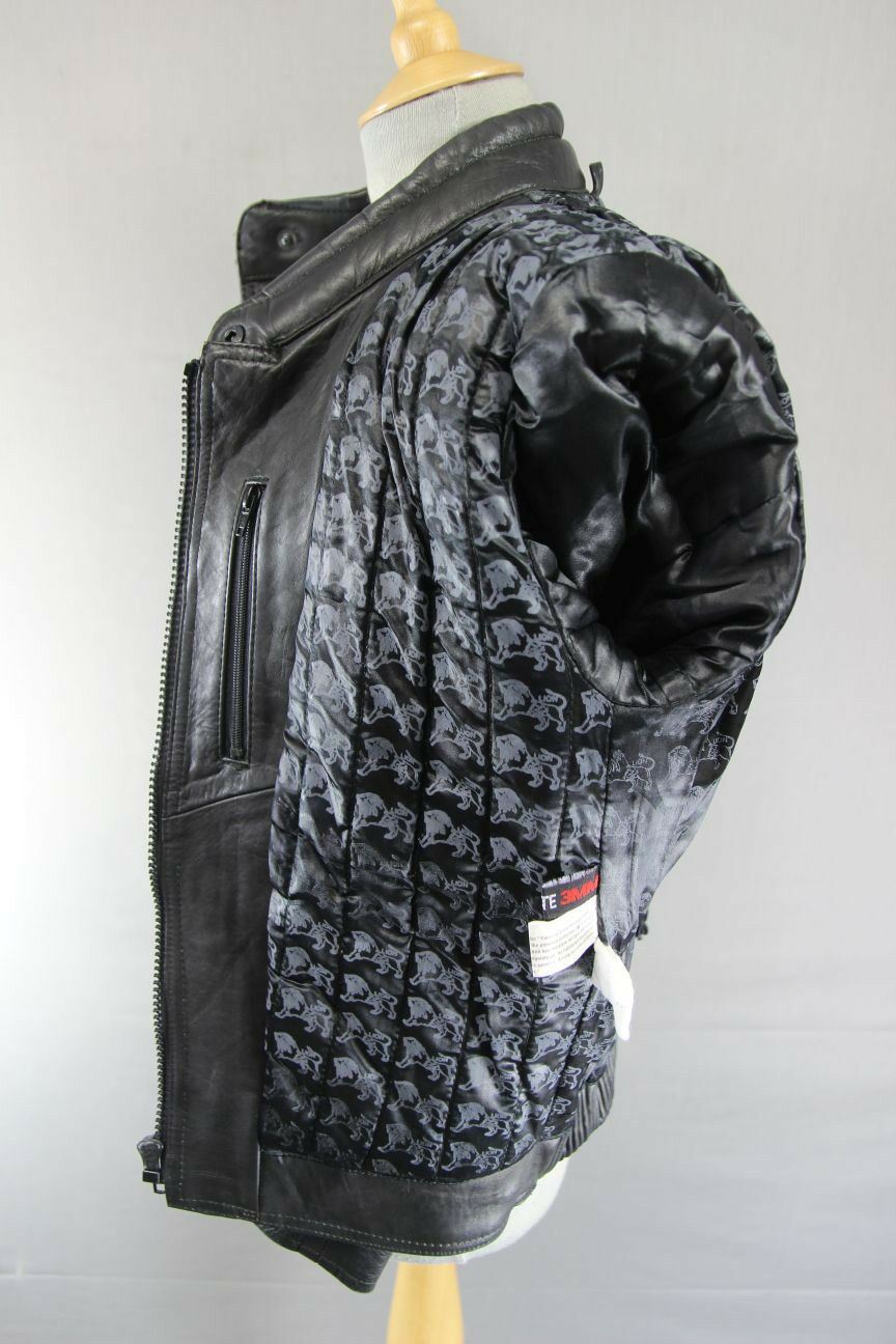 LION BLACK LEATHER BIKER JACKET WITH THINSULATE 3MM THERMAL LINING: SIZE 12