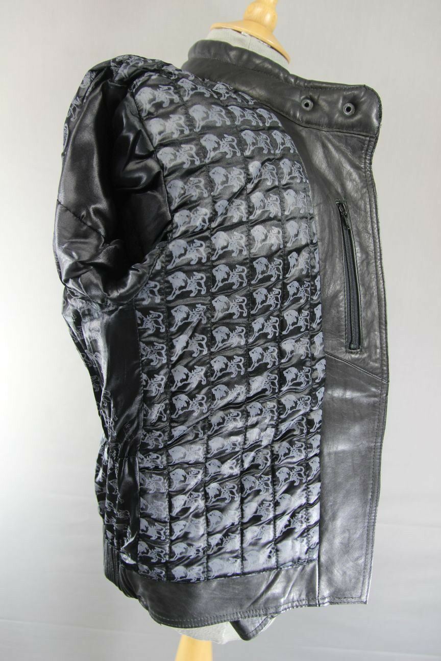 LION BLACK LEATHER BIKER JACKET WITH THINSULATE 3MM THERMAL LINING: SIZE 12