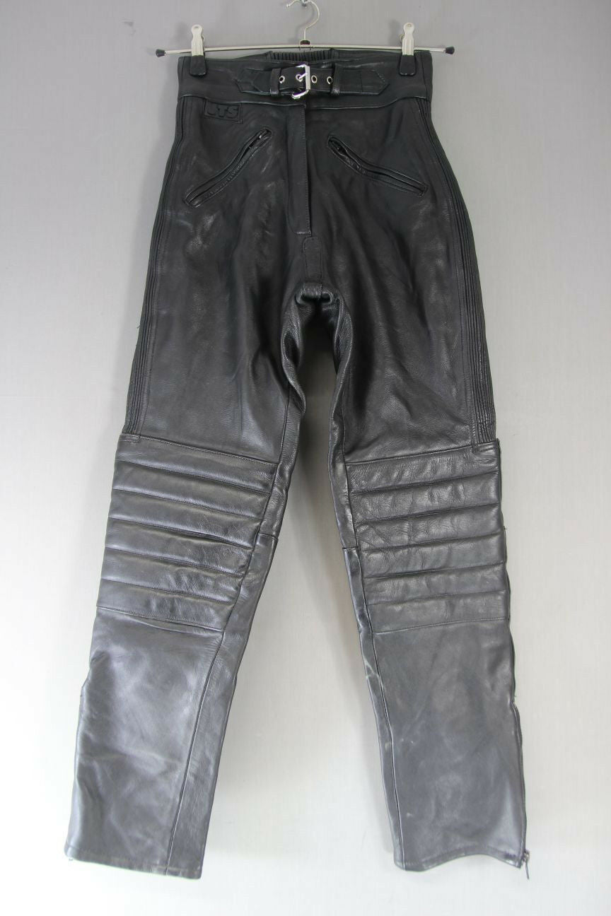JTS BLACK LEATHER BIKER TROUSERS SIZE 12 (LONG FIT): WAIST 26IN/INSIDE LEG 30IN