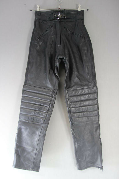 JTS BLACK LEATHER BIKER TROUSERS SIZE 12 (LONG FIT): WAIST 26IN/INSIDE LEG 30IN