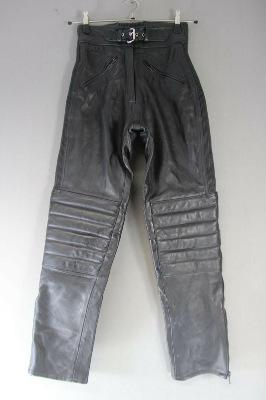 JTS BLACK LEATHER BIKER TROUSERS SIZE 12 (LONG FIT): WAIST 26IN/INSIDE LEG 30IN