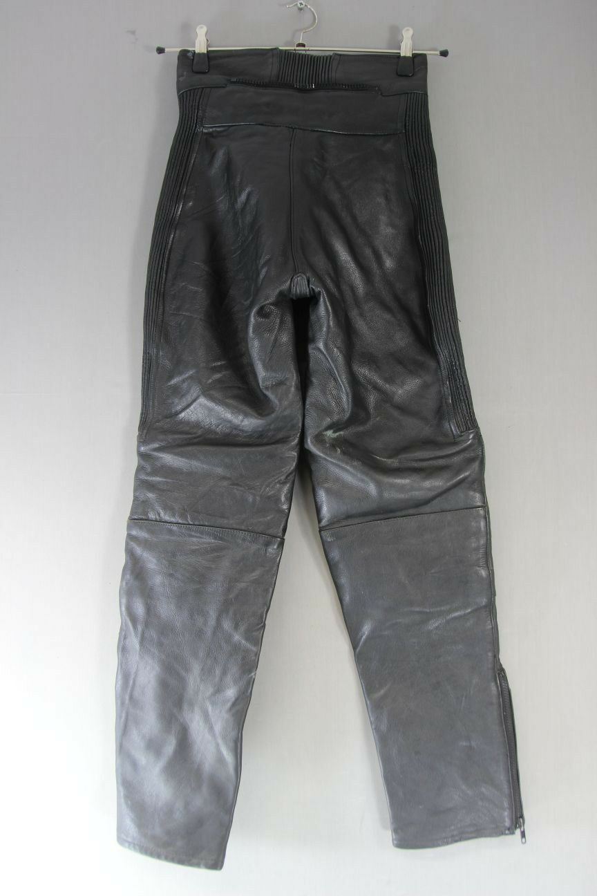 JTS BLACK LEATHER BIKER TROUSERS SIZE 12 (LONG FIT): WAIST 26IN/INSIDE LEG 30IN