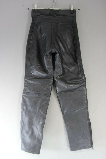 JTS BLACK LEATHER BIKER TROUSERS SIZE 12 (LONG FIT): WAIST 26IN/INSIDE LEG 30IN