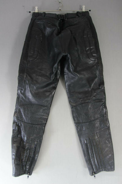 J&S CLASSIC BLACK LEATHER BIKER TROUSERS SIZE 12: WAIST 30 IN/INSIDE LEG 29.5 IN