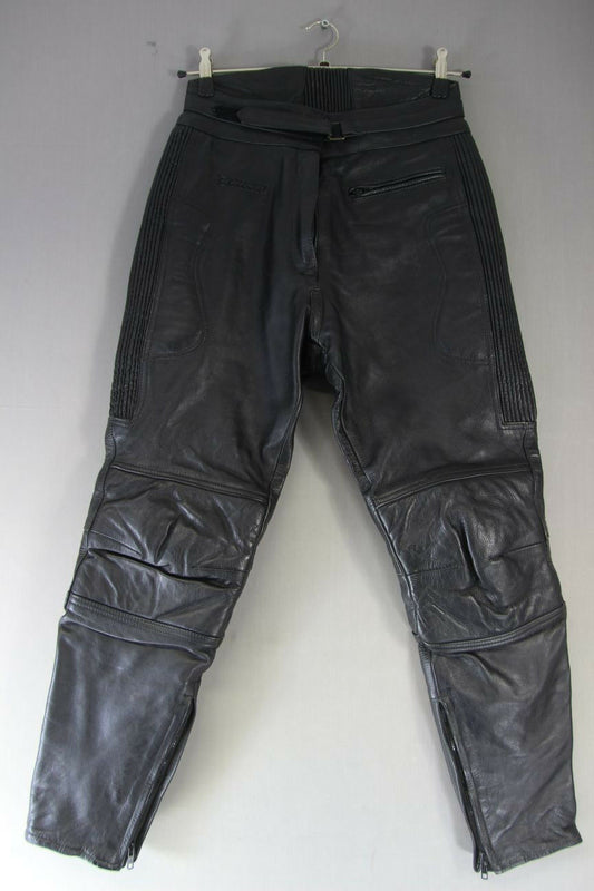 RHINO BLACK COWHIDE LEATHER BIKER TROUSERS SIZE 12: WAIST 30 IN/INSIDE LEG 29 IN