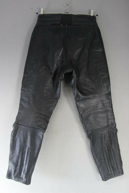 RHINO BLACK COWHIDE LEATHER BIKER TROUSERS SIZE 12: WAIST 30 IN/INSIDE LEG 29 IN