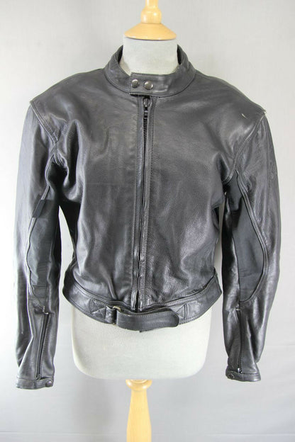 BLACK LEATHER BIKER JACKET WITH REMOVABLE BACK, SHOULDER & ELBOW ARMOUR: 38 INCH