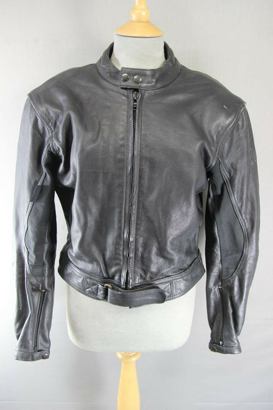 BLACK LEATHER BIKER JACKET WITH REMOVABLE BACK, SHOULDER & ELBOW ARMOUR: 38 INCH