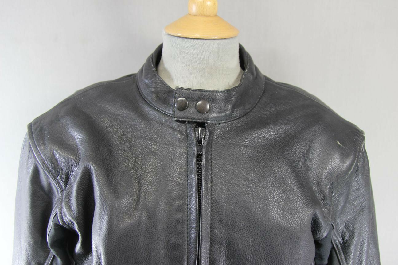 BLACK LEATHER BIKER JACKET WITH REMOVABLE BACK, SHOULDER & ELBOW ARMOUR: 38 INCH