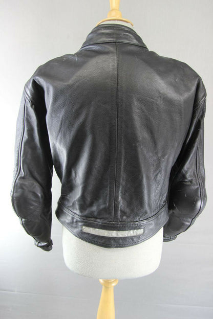 BLACK LEATHER BIKER JACKET WITH REMOVABLE BACK, SHOULDER & ELBOW ARMOUR: 38 INCH