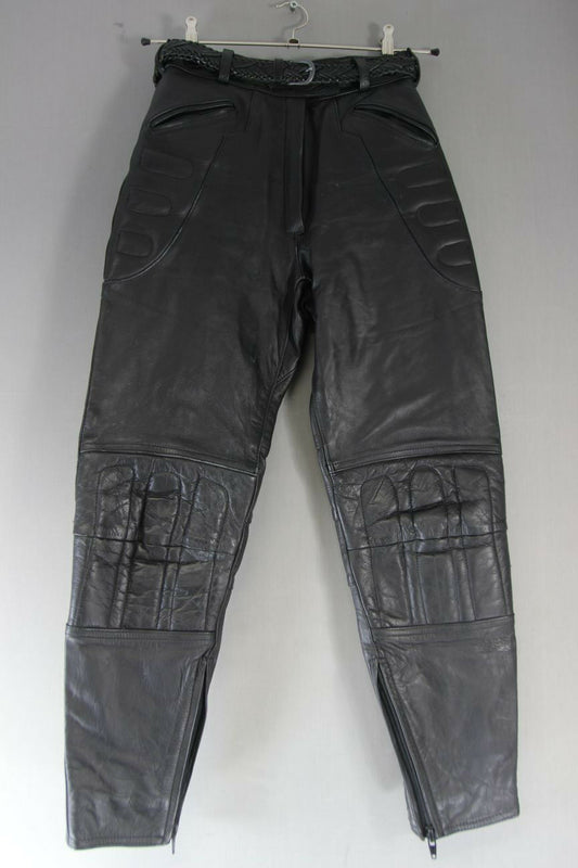 FRANK THOMAS BLACK LEATHER BIKER TROUSERS SIZE 10: WAIST 26 IN/INSIDE LEG 27 IN