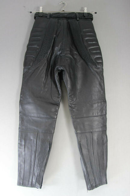 FRANK THOMAS BLACK LEATHER BIKER TROUSERS SIZE 10: WAIST 26 IN/INSIDE LEG 27 IN