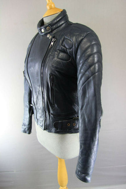 CLASSIC DARK BLUE LEATHER BIKER JACKET SIZE 12