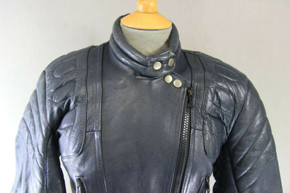 CLASSIC DARK BLUE LEATHER BIKER JACKET SIZE 12
