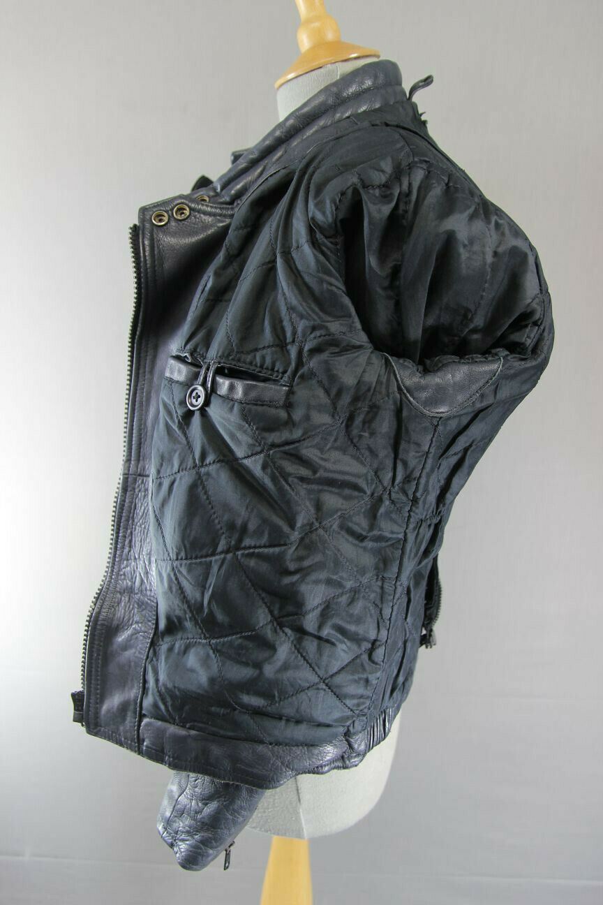CLASSIC DARK BLUE LEATHER BIKER JACKET SIZE 12